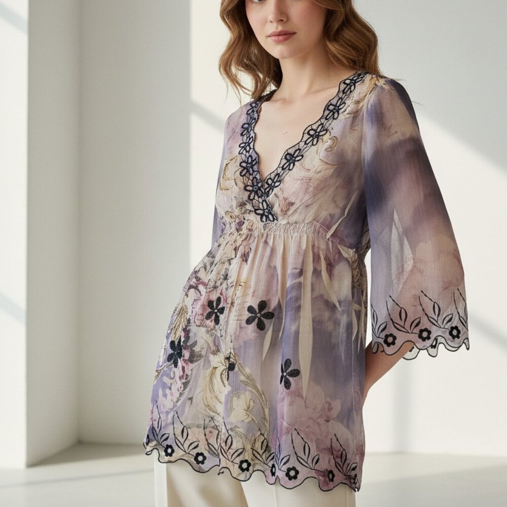 Mushka Sienna Rose Medium Romantic Fairycore Floral Blouse Scalloped Lace Trim